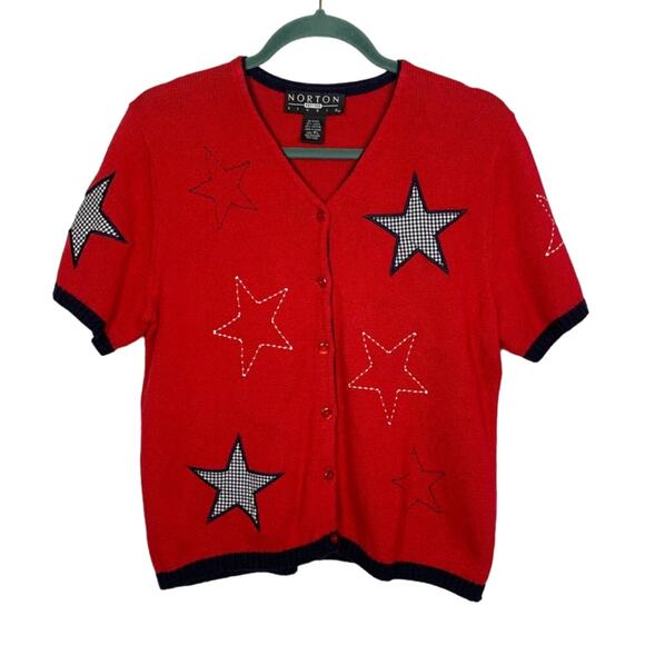 Vintage Short Sleeve Red Cardigan with Star Embellishments, Size PL - Picture 1 of 5